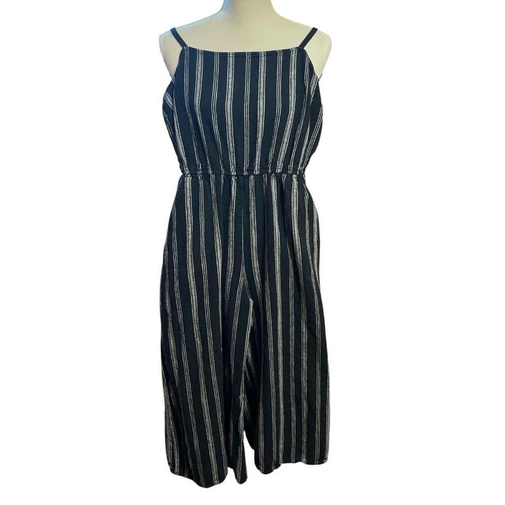 GAP Womens Linen Blend Wide Leg Striped Crop Jumpsuit Elastic Waist Size Medium